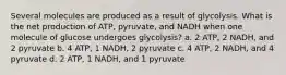 Several molecules are produced as a result of glycolysis. What is the net production of ATP, pyruvate, and NADH when one molecule of glucose undergoes glycolysis? a. 2 ATP, 2 NADH, and 2 pyruvate b. 4 ATP, 1 NADH, 2 pyruvate c. 4 ATP, 2 NADH, and 4 pyruvate d. 2 ATP, 1 NADH, and 1 pyruvate