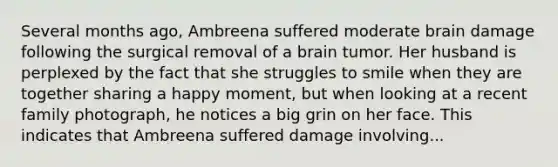 Several months ago, Ambreena suffered moderate brain damage following the surgical removal of a brain tumor. Her husband is perplexed by the fact that she struggles to smile when they are together sharing a happy moment, but when looking at a recent family photograph, he notices a big grin on her face. This indicates that Ambreena suffered damage involving...