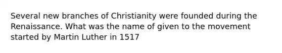 Several new branches of Christianity were founded during the Renaissance. What was the name of given to the movement started by Martin Luther in 1517