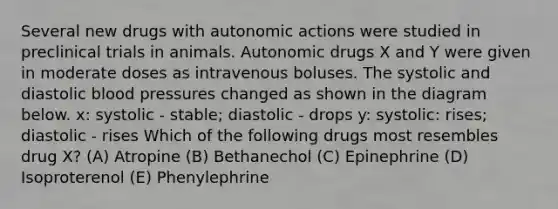 Several new drugs with autonomic actions were studied in preclinical trials in animals. Autonomic drugs X and Y were given in moderate doses as intravenous boluses. The systolic and diastolic blood pressures changed as shown in the diagram below. x: systolic - stable; diastolic - drops y: systolic: rises; diastolic - rises Which of the following drugs most resembles drug X? (A) Atropine (B) Bethanechol (C) Epinephrine (D) Isoproterenol (E) Phenylephrine