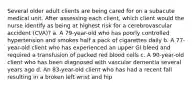 Several older adult clients are being cared for on a subacute medical unit. After assessing each client, which client would the nurse identify as being at highest risk for a cerebrovascular accident (CVA)? a. A 79-year-old who has poorly controlled hypertension and smokes half a pack of cigarettes daily b. A 77-year-old client who has experienced an upper GI bleed and required a transfusion of packed red blood cells c. A 90-year-old client who has been diagnosed with vascular dementia several years ago d. An 83-year-old client who has had a recent fall resulting in a broken left wrist and hip