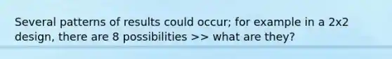 Several patterns of results could occur; for example in a 2x2 design, there are 8 possibilities >> what are they?