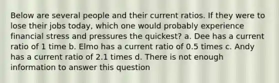 Below are several people and their current ratios. If they were to lose their jobs today, which one would probably experience financial stress and pressures the quickest? a. Dee has a current ratio of 1 time b. Elmo has a current ratio of 0.5 times c. Andy has a current ratio of 2.1 times d. There is not enough information to answer this question