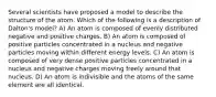 Several scientists have proposed a model to describe the structure of the atom. Which of the following is a description of Dalton's model? A) An atom is composed of evenly distributed negative and positive charges. B) An atom is composed of positive particles concentrated in a nucleus and negative particles moving within different energy levels. C) An atom is composed of very dense positive particles concentrated in a nucleus and negative charges moving freely around that nucleus. D) An atom is indivisible and the atoms of the same element are all identical.