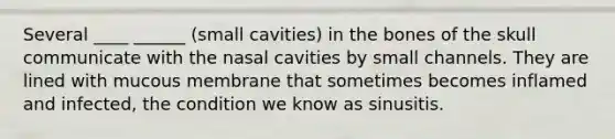 Several ____ ______ (small cavities) in the bones of the skull communicate with the nasal cavities by small channels. They are lined with mucous membrane that sometimes becomes inflamed and infected, the condition we know as sinusitis.