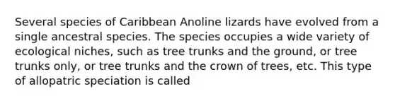 Several species of Caribbean Anoline lizards have evolved from a single ancestral species. The species occupies a wide variety of ecological niches, such as tree trunks and the ground, or tree trunks only, or tree trunks and the crown of trees, etc. This type of allopatric speciation is called