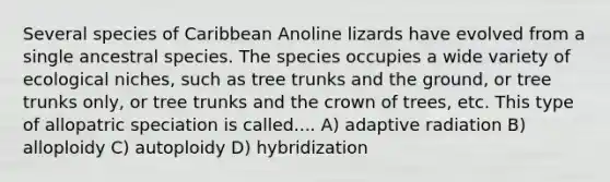 Several species of Caribbean Anoline lizards have evolved from a single ancestral species. The species occupies a wide variety of ecological niches, such as tree trunks and the ground, or tree trunks only, or tree trunks and the crown of trees, etc. This type of allopatric speciation is called.... A) adaptive radiation B) alloploidy C) autoploidy D) hybridization