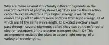 Why are there several structurally different pigments in the reaction centers of photosystems? A) They enable the reaction center to excite electrons to a higher energy level. B) They enable the plant to absorb more photons from light energy, all of which are at the same wavelength. C) Excited electrons must pass through several pigments before they can be transferred to electron acceptors of the electron transport chain. D) This arrangement enables the plant to absorb light energy of a variety of wavelengths.