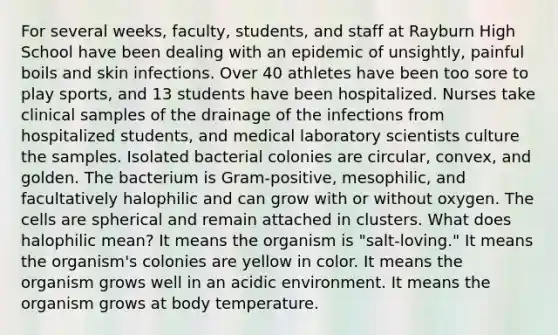 For several weeks, faculty, students, and staff at Rayburn High School have been dealing with an epidemic of unsightly, painful boils and skin infections. Over 40 athletes have been too sore to play sports, and 13 students have been hospitalized. Nurses take clinical samples of the drainage of the infections from hospitalized students, and medical laboratory scientists culture the samples. Isolated bacterial colonies are circular, convex, and golden. The bacterium is Gram-positive, mesophilic, and facultatively halophilic and can grow with or without oxygen. The cells are spherical and remain attached in clusters. What does halophilic mean? It means the organism is "salt-loving." It means the organism's colonies are yellow in color. It means the organism grows well in an acidic environment. It means the organism grows at body temperature.