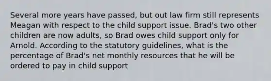 Several more years have passed, but out law firm still represents Meagan with respect to the child support issue. Brad's two other children are now adults, so Brad owes child support only for Arnold. According to the statutory guidelines, what is the percentage of Brad's net monthly resources that he will be ordered to pay in child support