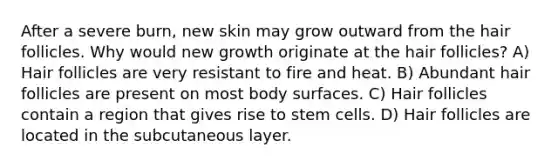 After a severe burn, new skin may grow outward from the hair follicles. Why would new growth originate at the hair follicles? A) Hair follicles are very resistant to fire and heat. B) Abundant hair follicles are present on most body surfaces. C) Hair follicles contain a region that gives rise to stem cells. D) Hair follicles are located in the subcutaneous layer.