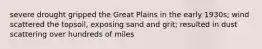 severe drought gripped the Great Plains in the early 1930s; wind scattered the topsoil, exposing sand and grit; resulted in dust scattering over hundreds of miles