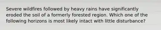 Severe wildfires followed by heavy rains have significantly eroded the soil of a formerly forested region. Which one of the following horizons is most likely intact with little disturbance?