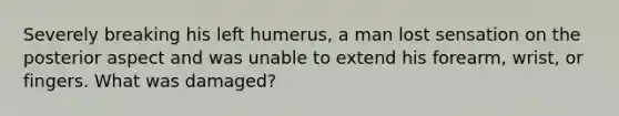 Severely breaking his left humerus, a man lost sensation on the posterior aspect and was unable to extend his forearm, wrist, or fingers. What was damaged?