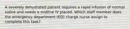 A severely dehydrated patient requires a rapid infusion of normal saline and needs a midline IV placed. Which staff member does the emergency department (ED) charge nurse assign to complete this task?