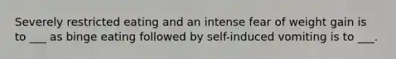 Severely restricted eating and an intense fear of weight gain is to ___ as binge eating followed by self-induced vomiting is to ___.