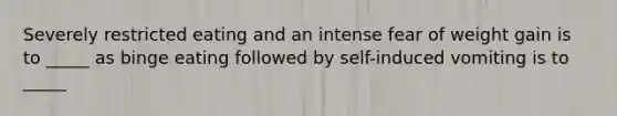 Severely restricted eating and an intense fear of weight gain is to _____ as binge eating followed by self-induced vomiting is to _____