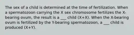 The sex of a child is determined at the time of fertilization. When a spermatozoon carrying the X sex chromosome fertilizes the X-bearing ovum, the result is a ___ child (X+X). When the X-bearing ovum is fertilized by the Y-bearing spermatozoon, a ___ child is produced (X+Y).