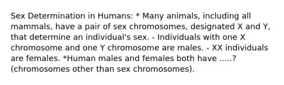 Sex Determination in Humans: * Many animals, including all mammals, have a pair of sex chromosomes, designated X and Y, that determine an individual's sex. - Individuals with one X chromosome and one Y chromosome are males. - XX individuals are females. *Human males and females both have .....? (chromosomes other than sex chromosomes).