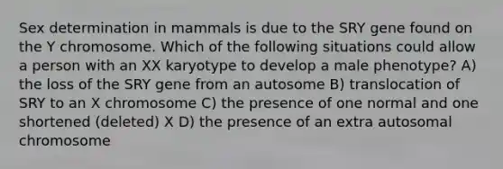 Sex determination in mammals is due to the SRY gene found on the Y chromosome. Which of the following situations could allow a person with an XX karyotype to develop a male phenotype? A) the loss of the SRY gene from an autosome B) translocation of SRY to an X chromosome C) the presence of one normal and one shortened (deleted) X D) the presence of an extra autosomal chromosome