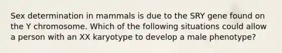 Sex determination in mammals is due to the SRY gene found on the Y chromosome. Which of the following situations could allow a person with an XX karyotype to develop a male phenotype?