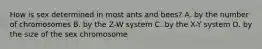 How is sex determined in most ants and bees? A. by the number of chromosomes B. by the Z-W system C. by the X-Y system D. by the size of the sex chromosome