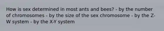 How is sex determined in most ants and bees? - by the number of chromosomes - by the size of the sex chromosome - by the Z-W system - by the X-Y system