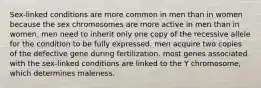 Sex-linked conditions are more common in men than in women because the sex chromosomes are more active in men than in women. men need to inherit only one copy of the recessive allele for the condition to be fully expressed. men acquire two copies of the defective gene during fertilization. most genes associated with the sex-linked conditions are linked to the Y chromosome, which determines maleness.