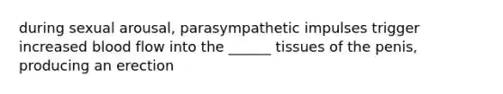 during sexual arousal, parasympathetic impulses trigger increased blood flow into the ______ tissues of the penis, producing an erection