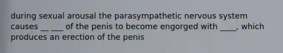 during sexual arousal the parasympathetic nervous system causes __ ___ of the penis to become engorged with ____, which produces an erection of the penis