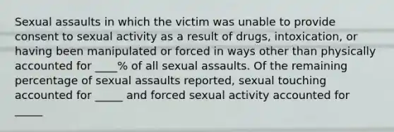 Sexual assaults in which the victim was unable to provide consent to sexual activity as a result of drugs, intoxication, or having been manipulated or forced in ways other than physically accounted for ____% of all sexual assaults. Of the remaining percentage of sexual assaults reported, sexual touching accounted for _____ and forced sexual activity accounted for _____