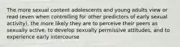 The more sexual content adolescents and young adults view or read (even when controlling for other predictors of early sexual activity), the more likely they are to perceive their peers as sexually active, to develop sexually permissive attitudes, and to experience early intercourse