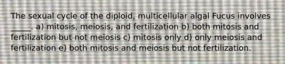 The sexual cycle of the diploid, multicellular algal Fucus involves _____. a) mitosis, meiosis, and fertilization b) both mitosis and fertilization but not meiosis c) mitosis only d) only meiosis and fertilization e) both mitosis and meiosis but not fertilization.