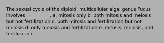 The sexual cycle of the diploid, multicellular algal genus Fucus involves __________. a. mitosis only b. both mitosis and meiosis but not fertilization c. both mitosis and fertilization but not meiosis d. only meiosis and fertilization e. mitosis, meiosis, and fertilization