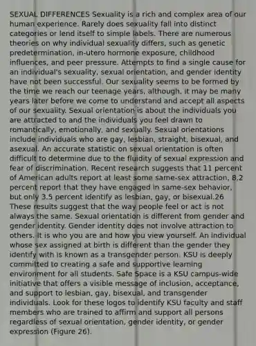 SEXUAL DIFFERENCES Sexuality is a rich and complex area of our human experience. Rarely does sexuality fall into distinct categories or lend itself to simple labels. There are numerous theories on why individual sexuality differs, such as genetic predetermination, in-utero hormone exposure, childhood influences, and peer pressure. Attempts to find a single cause for an individual's sexuality, sexual orientation, and gender identity have not been successful. Our sexuality seems to be formed by the time we reach our teenage years, although, it may be many years later before we come to understand and accept all aspects of our sexuality. Sexual orientation is about the individuals you are attracted to and the individuals you feel drawn to romantically, emotionally, and sexually. Sexual orientations include individuals who are gay, lesbian, straight, bisexual, and asexual. An accurate statistic on sexual orientation is often difficult to determine due to the fluidity of sexual expression and fear of discrimination. Recent research suggests that 11 percent of American adults report at least some same-sex attraction, 8.2 percent report that they have engaged in same-sex behavior, but only 3.5 percent identify as lesbian, gay, or bisexual.26 These results suggest that the way people feel or act is not always the same. Sexual orientation is different from gender and gender identity. Gender identity does not involve attraction to others. It is who you are and how you view yourself. An individual whose sex assigned at birth is different than the gender they identify with is known as a transgender person. KSU is deeply committed to creating a safe and supportive learning environment for all students. Safe Space is a KSU campus-wide initiative that offers a visible message of inclusion, acceptance, and support to lesbian, gay, bisexual, and transgender individuals. Look for these logos to identify KSU faculty and staff members who are trained to affirm and support all persons regardless of sexual orientation, gender identity, or gender expression (Figure 26).