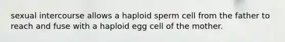 sexual intercourse allows a haploid sperm cell from the father to reach and fuse with a haploid egg cell of the mother.