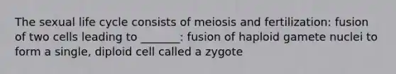 The sexual life cycle consists of meiosis and fertilization: fusion of two cells leading to _______: fusion of haploid gamete nuclei to form a single, diploid cell called a zygote