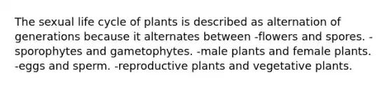 The sexual life cycle of plants is described as alternation of generations because it alternates between -flowers and spores. -sporophytes and gametophytes. -male plants and female plants. -eggs and sperm. -reproductive plants and vegetative plants.