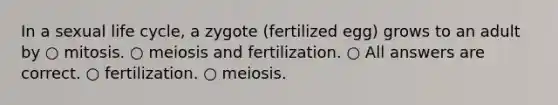 In a sexual life cycle, a zygote (fertilized egg) grows to an adult by ○ mitosis. ○ meiosis and fertilization. ○ All answers are correct. ○ fertilization. ○ meiosis.