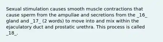 Sexual stimulation causes smooth muscle contractions that cause sperm from the ampullae and secretions from the _16_ gland and _17_ (2 words) to move into and mix within the ejaculatory duct and prostatic urethra. This process is called _18_.