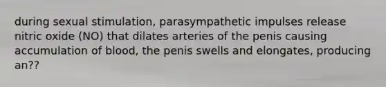 during sexual stimulation, parasympathetic impulses release nitric oxide (NO) that dilates arteries of the penis causing accumulation of blood, the penis swells and elongates, producing an??