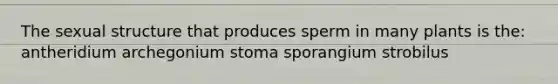 The sexual structure that produces sperm in many plants is the: antheridium archegonium stoma sporangium strobilus