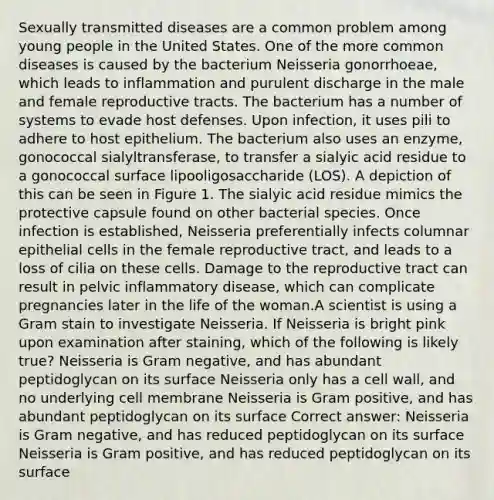 Sexually transmitted diseases are a common problem among young people in the United States. One of the more common diseases is caused by the bacterium Neisseria gonorrhoeae, which leads to inflammation and purulent discharge in the male and female reproductive tracts. The bacterium has a number of systems to evade host defenses. Upon infection, it uses pili to adhere to host epithelium. The bacterium also uses an enzyme, gonococcal sialyltransferase, to transfer a sialyic acid residue to a gonococcal surface lipooligosaccharide (LOS). A depiction of this can be seen in Figure 1. The sialyic acid residue mimics the protective capsule found on other bacterial species. Once infection is established, Neisseria preferentially infects columnar epithelial cells in the female reproductive tract, and leads to a loss of cilia on these cells. Damage to the reproductive tract can result in pelvic inflammatory disease, which can complicate pregnancies later in the life of the woman.A scientist is using a Gram stain to investigate Neisseria. If Neisseria is bright pink upon examination after staining, which of the following is likely true? Neisseria is Gram negative, and has abundant peptidoglycan on its surface Neisseria only has a cell wall, and no underlying cell membrane Neisseria is Gram positive, and has abundant peptidoglycan on its surface Correct answer: Neisseria is Gram negative, and has reduced peptidoglycan on its surface Neisseria is Gram positive, and has reduced peptidoglycan on its surface