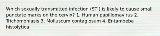 Which sexually transmitted infection (STI) is likely to cause small punctate marks on the cervix? 1. Human papillomavirus 2. Trichomoniasis 3. Molluscum contagiosum 4. Entamoeba histolytica