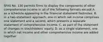 SFAS No. 130 permits firms to display the components of other comprehensive income in all of the following formats except A. as a schedule appearing in the financial statement footnotes. B. in a two-statement approach, one in which net income comprises one statement and a second, which presents a separate statement of comprehensive income. C. as part of the statement of changes in stockholders' equity. D. as a single statement, one in which net income and other comprehensive income are added together