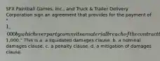 SFX Paintball Games, Inc., and Truck & Trailer Delivery Corporation sign an agreement that provides for the payment of "1,000 by whichever party commits a material breach of the contract that creates damages difficult to estimate but approximately1,000." This is a. a liquidated damages clause. b. a nominal damages clause. c. a penalty clause. d. a mitigation of damages clause.