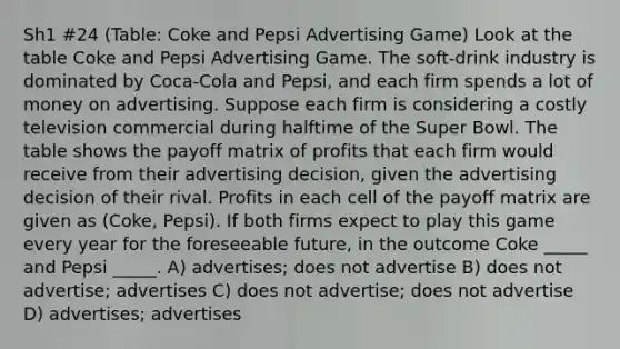 Sh1 #24 (Table: Coke and Pepsi Advertising Game) Look at the table Coke and Pepsi Advertising Game. The soft-drink industry is dominated by Coca-Cola and Pepsi, and each firm spends a lot of money on advertising. Suppose each firm is considering a costly television commercial during halftime of the Super Bowl. The table shows the payoff matrix of profits that each firm would receive from their advertising decision, given the advertising decision of their rival. Profits in each cell of the payoff matrix are given as (Coke, Pepsi). If both firms expect to play this game every year for the foreseeable future, in the outcome Coke _____ and Pepsi _____. A) advertises; does not advertise B) does not advertise; advertises C) does not advertise; does not advertise D) advertises; advertises