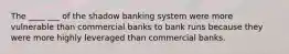 The ____ ___ of the shadow banking system were more vulnerable than commercial banks to bank runs because they were more highly leveraged than commercial banks.