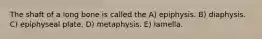 The shaft of a long bone is called the A) epiphysis. B) diaphysis. C) epiphyseal plate. D) metaphysis. E) lamella.