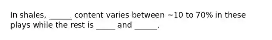 In shales, ______ content varies between ~10 to 70% in these plays while the rest is _____ and ______.